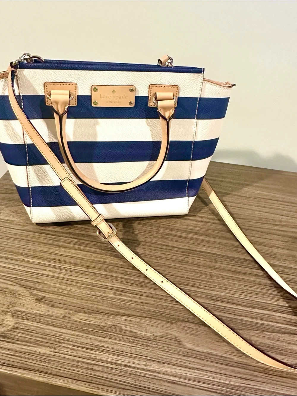 kate spade Camryn Wellesley Striped Navy and White Satchel with Beige Handles